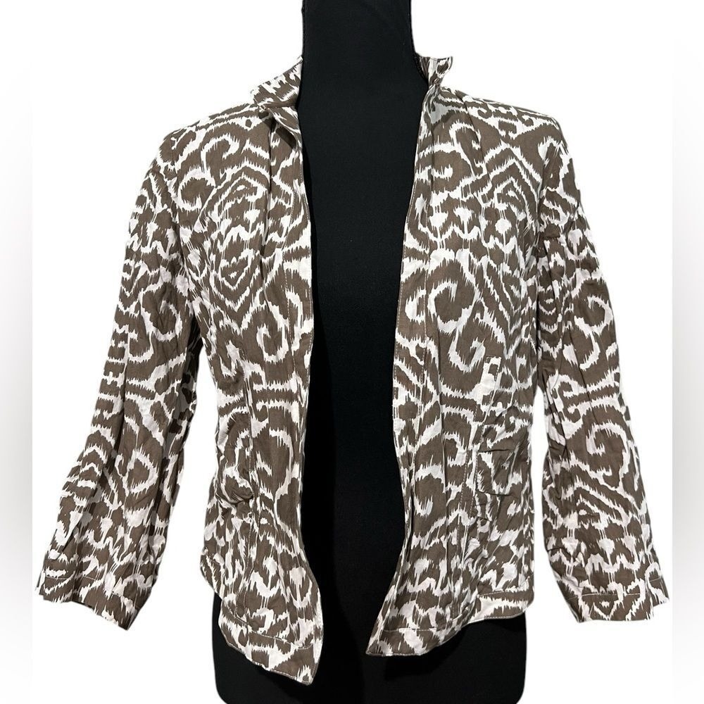 Chico's‎ open front 3/4 sleeve blazer jacket Cream brown shape print Size Small